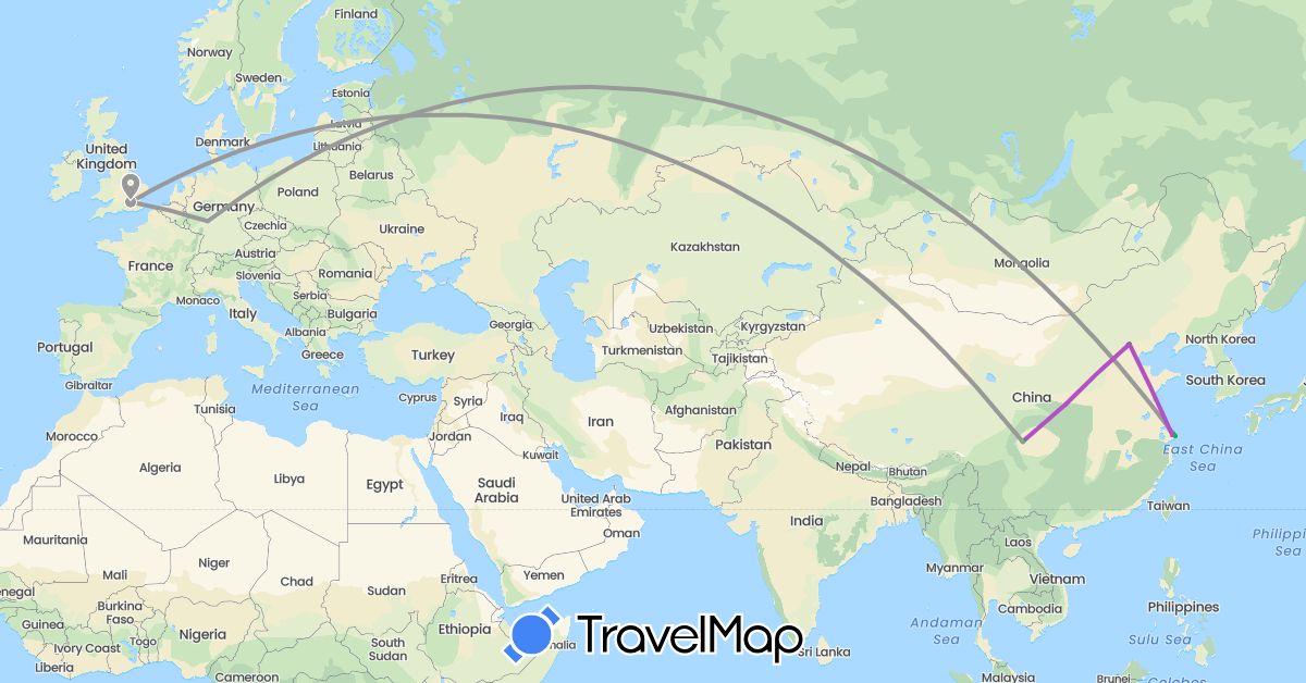 TravelMap itinerary: driving, bus, plane, train in China, Germany, United Kingdom (Asia, Europe)